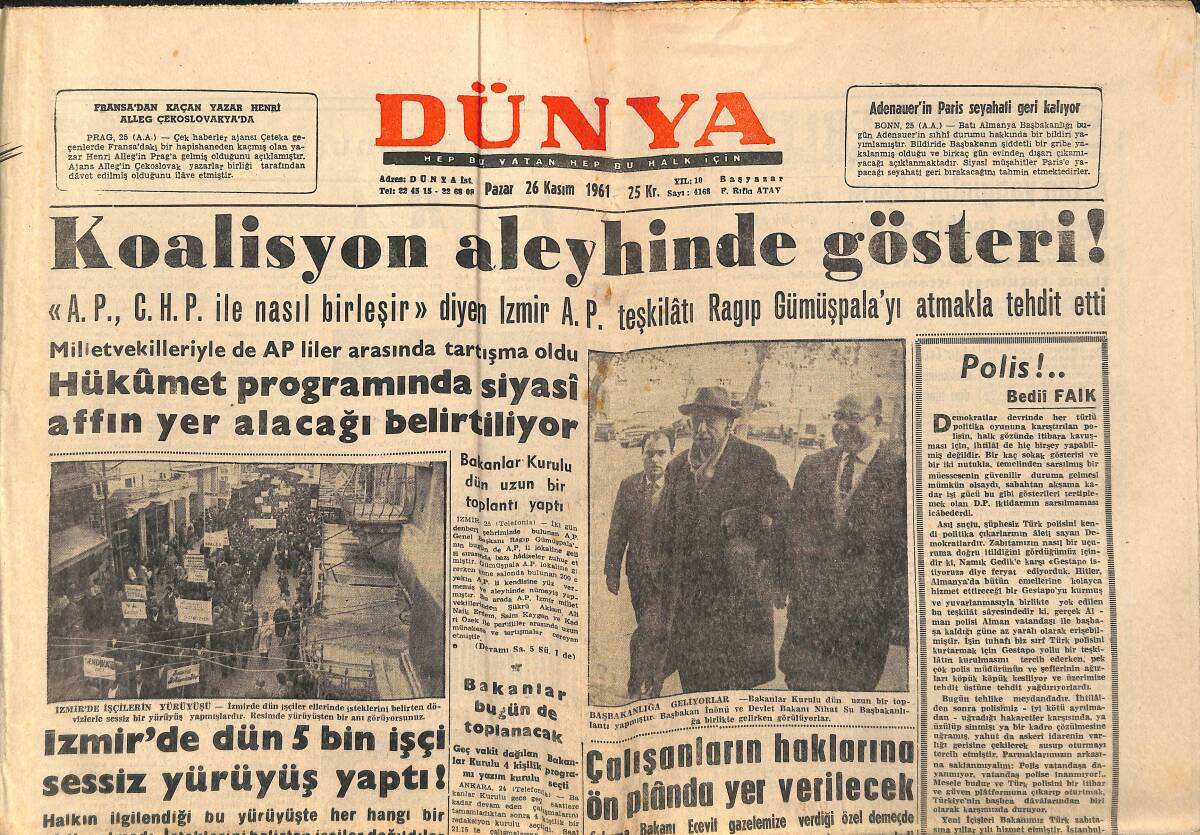 Dünya Gazetesi 26 Kasım 1961 - Devrim Partisi Teşkilâtlanıyor - Koalisyon Aleyhinde Gösteri GZ148095 - 1