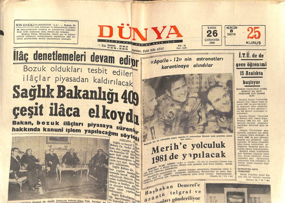 Dünya Gazetesi 26 Kasım 1969 - Apollo-12'nin Astronotları Karantinaya Alındılar - Erbakan'a MP Genel Başkanlığı Teklif Edildi GZ152196 - 1