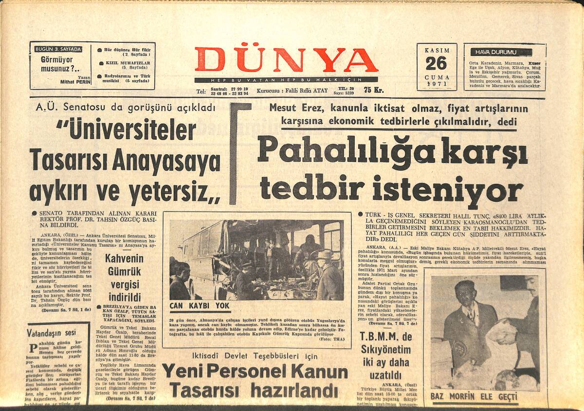 Dünya Gazetesi 26 Kasım 1971 - Ümit Milli Takımı Açıklandı - Pele'nin Halefi Gece Kulübünden Hiç Çıkmıyor - Mevlana'yı Londra'dan Andılar GZ142771 - 1