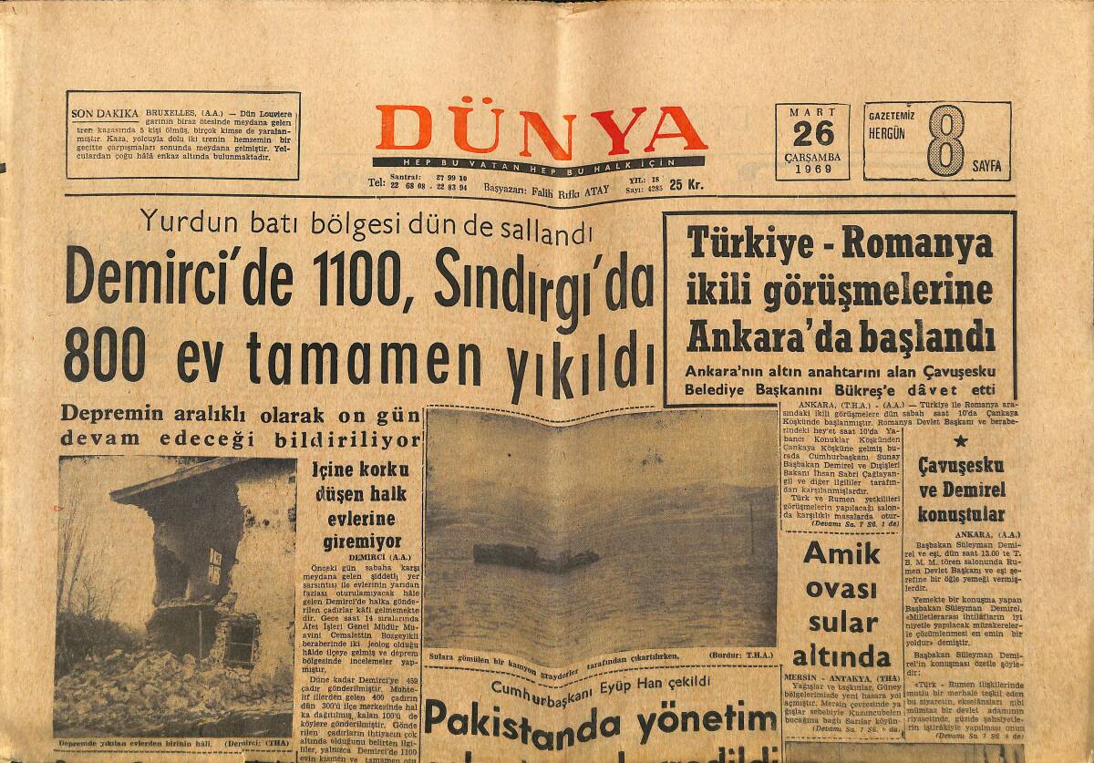 Dünya Gazetesi 26 Mart 1969 - Amik Ovası Sular Altında - Pakistanda Yönetim Askerlere Devredildi GZ148087 - 1