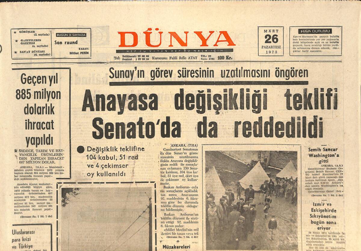 Dünya Gazetesi 26 Mart 1973 - Hava Kirlenmesi Yurdumuzu Sarıyor - Anayasa Değişikliği Teklifi Senato'da da Reddedildi GZ143678 - 1