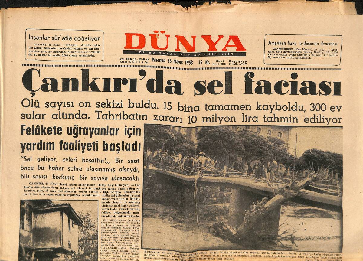 Dünya Gazetesi 26 Mayıs 1958 - Çankırı'da Sel Faciası - Lübnan'da Gerginlik Yine Arttı GZ149453 - 1