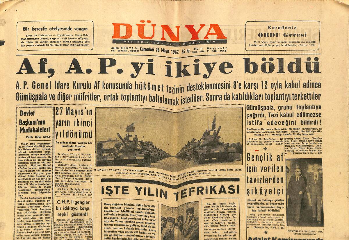 Dünya Gazetesi 26 Mayıs 1962 - Fenerbahçe'de Sevinç Ve Ümit Var - Astronotların Eşleri GZ147904 - 1