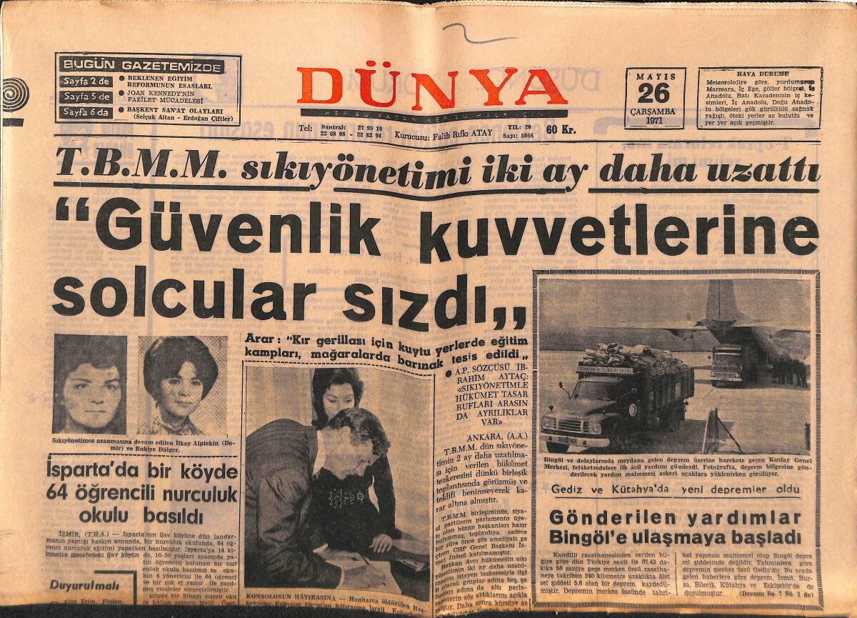 Dünya Gazetesi 26 Mayıs 1971 - Gediz Ve Kütahya'da Yeni Depremler Oldu - Ankara'da Ekmeğe Zam Reddedildi GZ149581 - 1