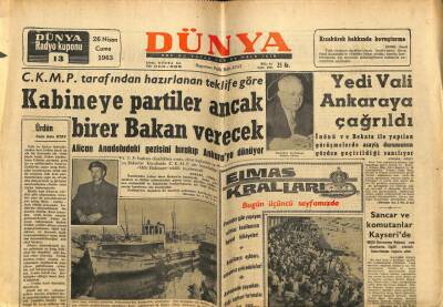 Dünya Gazetesi 26 Nisan 1963 - Kabineye Partiler Ancak Birer Bakan Verecek GZ68243 - 1