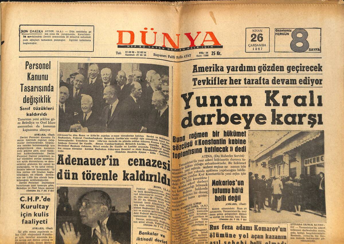 Dünya Gazetesi 26 Nisan 1967 - Fenerbahçe Kupa İçin Samsunspor2la Samsunda Oynuyor - Yunan Kralı Darbeye Karşı GZ148220 - 1