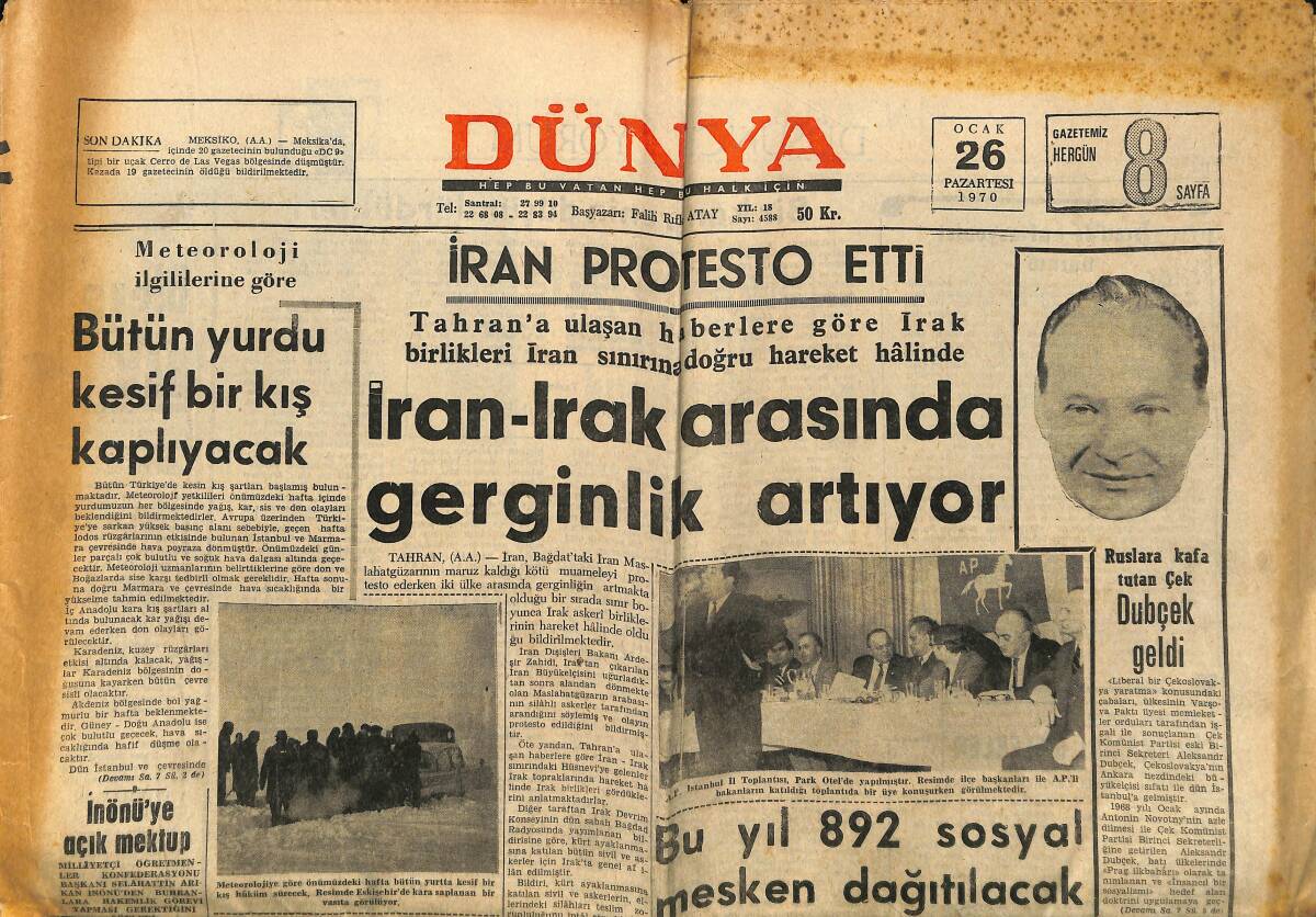 Dünya Gazetesi 26 Ocak 1970 - İran-Irak Arasında Gerginlik Artıyor - BM 1 Milyon Dolarlık Finansman Ayırdı GZ148319 - 1