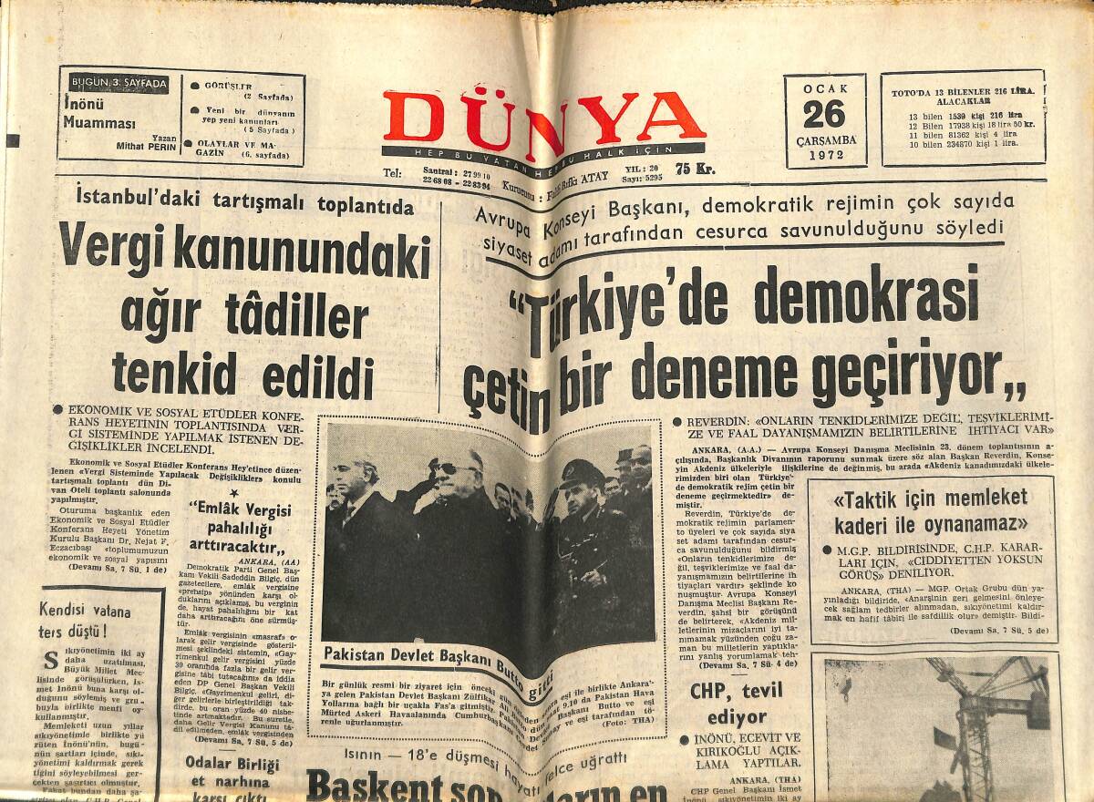 Dünya Gazetesi 26 Ocak 1972 - Pakistan Devlet Başkanı Butto Gitti - 1972 Yılında THY'na Yeni Uçaklar Alınacak GZ142947 - 1