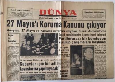 Dünya Gazetesi 26 Şubat 1962 - 27 Mayısı Koruma Kanunu Çıkıyor Anayasa , 27 Mayıs Ve Yassıada Kararları Aleyhine Tahrik Durdurulacak GZ16539 - 1