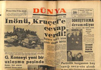 Dünya Gazetesi 26 Şubat 1964 - İsmet İnönü Kruçefe Cevap Verdi GZ68188 - 2