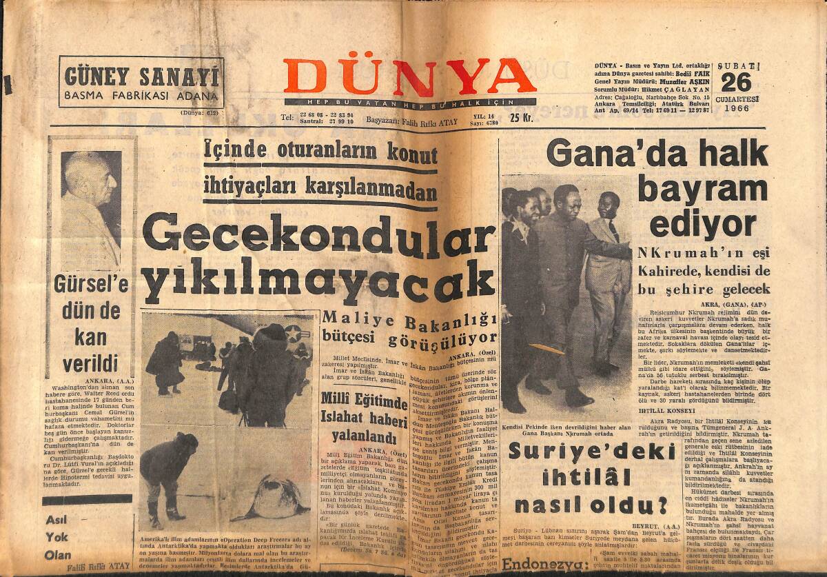 Dünya Gazetesi 26 Şubat 1966 - Mısır'a Göre Amerika İsrail'e 200 Tank Vermiş - Gürsel'e Dün De Kan Verildi GZ150827 - 1
