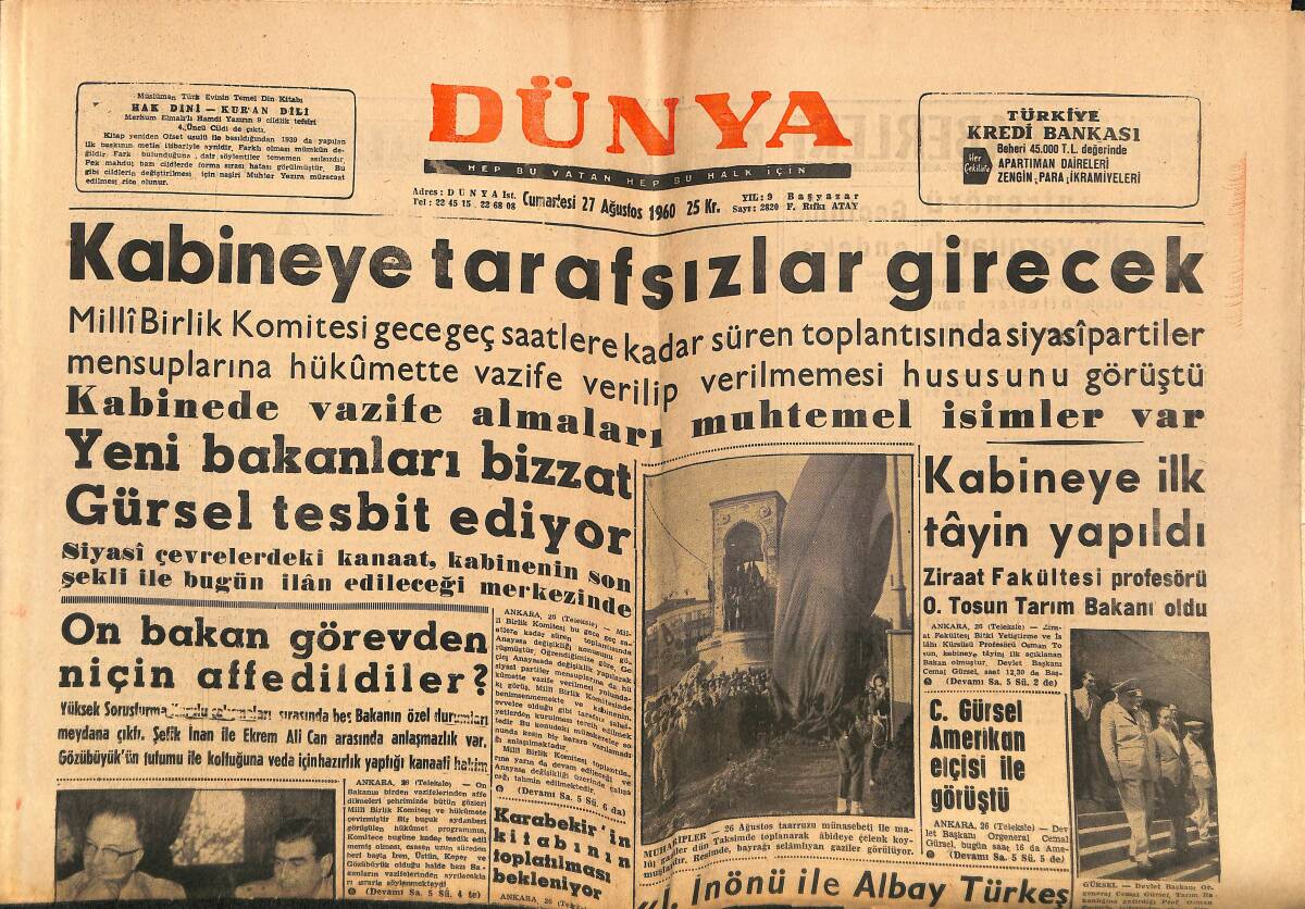 Dünya Gazetesi 27 Ağustos 1960 - Gürsel'in Arap Milliyetçiliği Hakkında Görüşü - Margaret Şimdilik Anne Olmak İstemiyor GZ150888 - 1