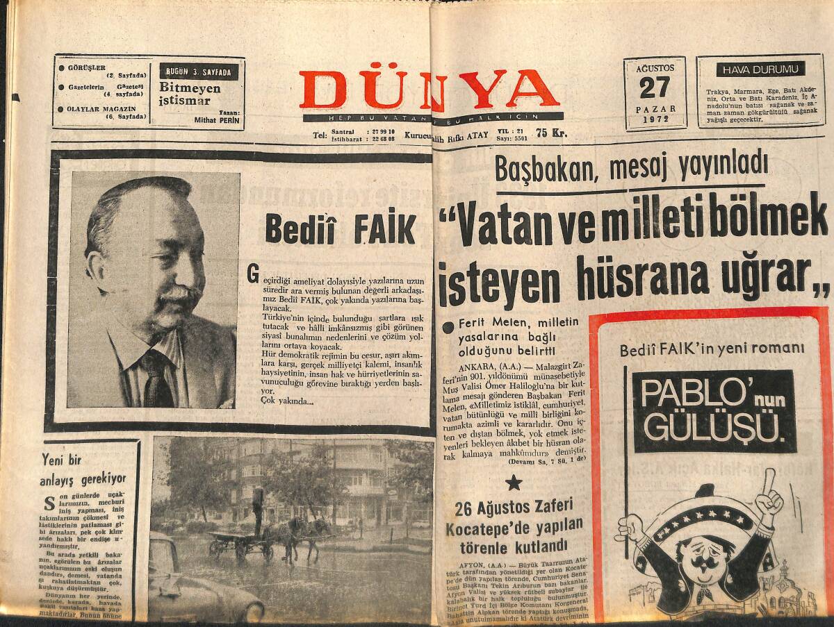 Dünya Gazetesi 27 Ağustos 1972 - Türkiye İş Bankası'nın 48.Yılı Kutlandı - THKO Davasına Devam Edildi GZ149530 - 2