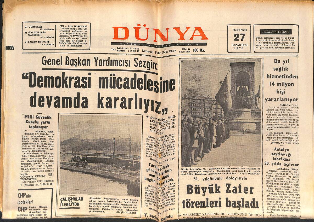 Dünya Gazetesi 27 Ağustos 1973 - Kissinger Çift Role Sahip Oldu - Alain Delon Bir Boksörü Besliyor GZ151096 - 1