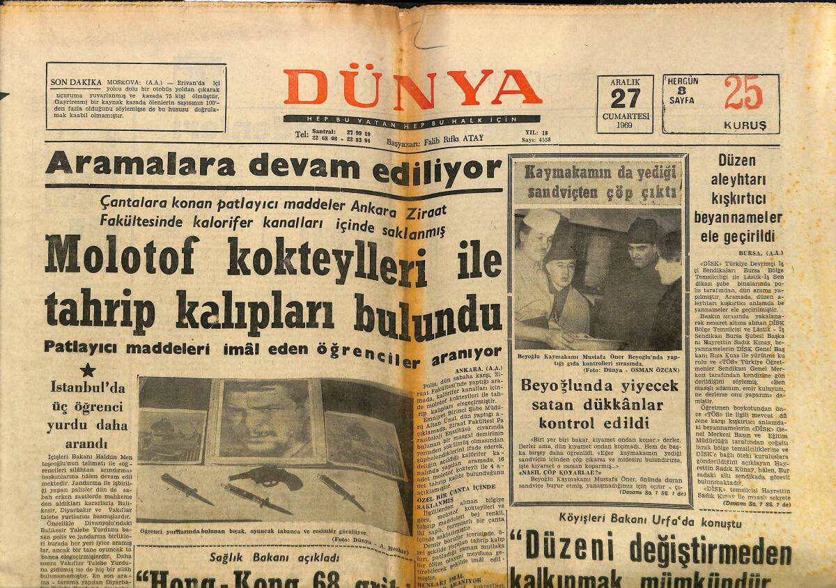 Dünya Gazetesi 27 Aralık 1969 - Beyoğlu Kaymakamına Çöp Verdiler, Musahipzade Celal'in Büstü, Hümeyra GZ148165 - 1