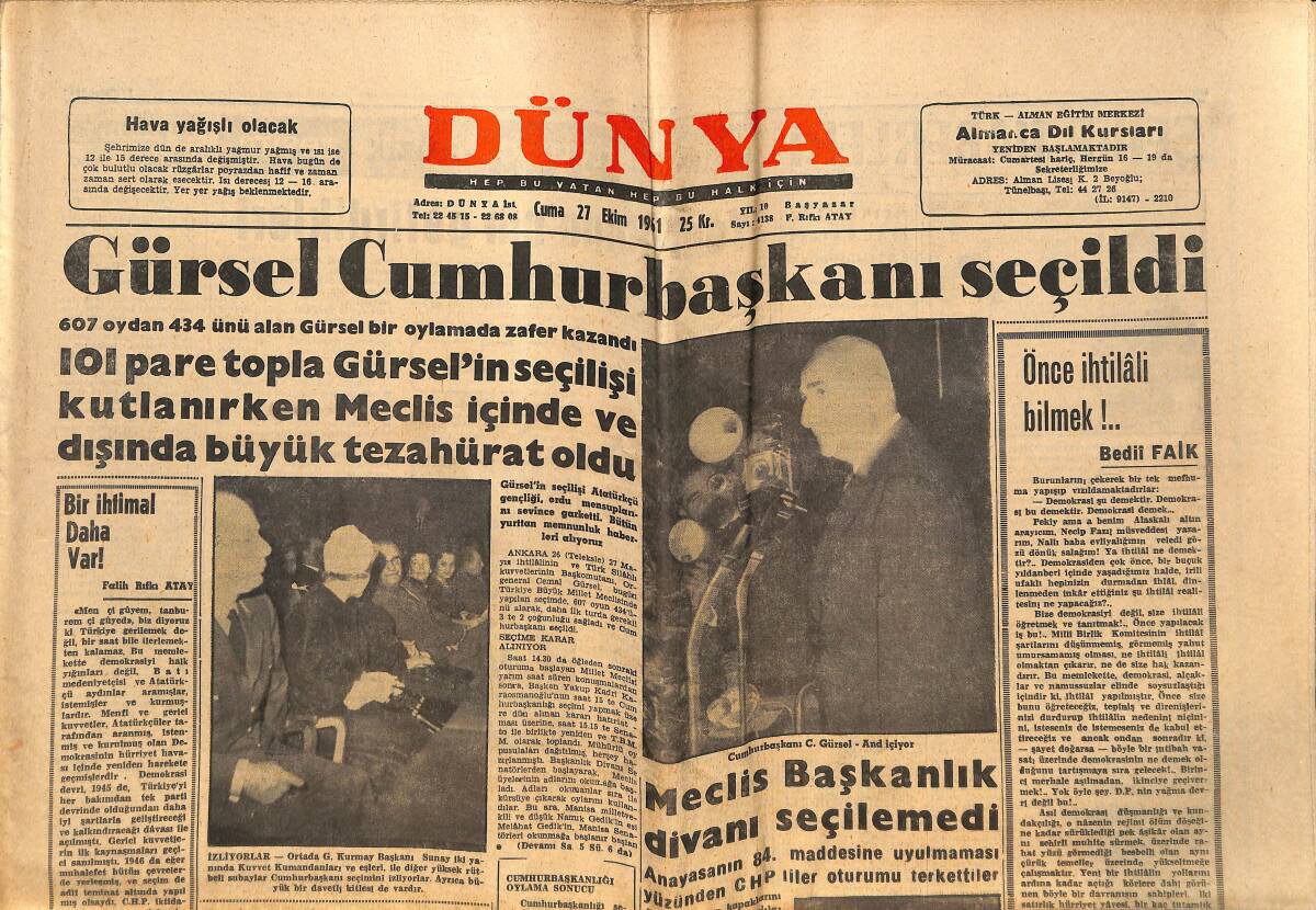 Dünya Gazetesi 27 Ekim 1961 - Gürsel Cumhurbaşkanı Seçildi - Başgil Evden Çıkmıyor GZ152380 - 1