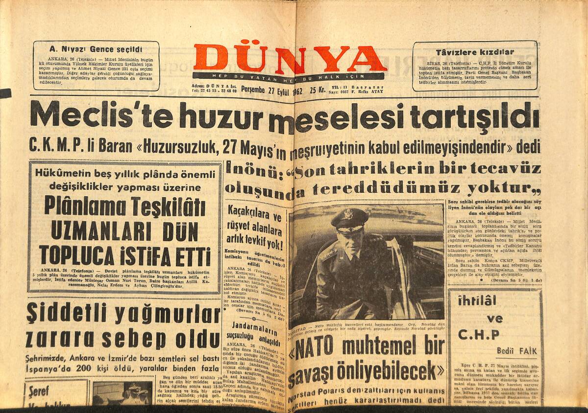 Dünya Gazetesi 27 Eylül 1962 - NATO Muhtemel Bir Savaşı Önleyebilecek - Resimlerle Alanya - Dünya Ağır Siklet Boks Şampiyonu Liston Oldu GZ148223 - 1