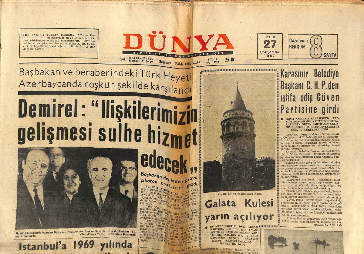 Dünya Gazetesi 27 Eylül 1967 - Galata Kulesi Yarın Açılıyor - B. Bardot'un Yaz Evinde Geçen Güzel Yaz Ayları GZ152217 - 1
