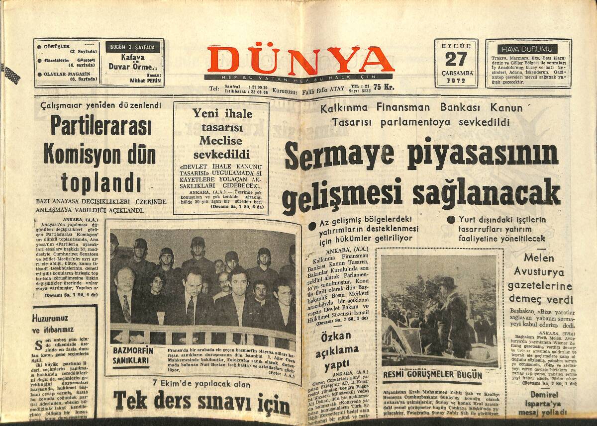 Dünya Gazetesi 27 Eylül 1972 - Gol Makinesi Müller'e Şeref Kürsüsünde Coşkun Tezahürat Yapıldı GZ147962 - 1