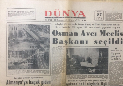 Dünya Gazetesi 27 Kasım 1970 - Osman Avcı Meclis Başkanı Seçildi - GZ12922 - 2