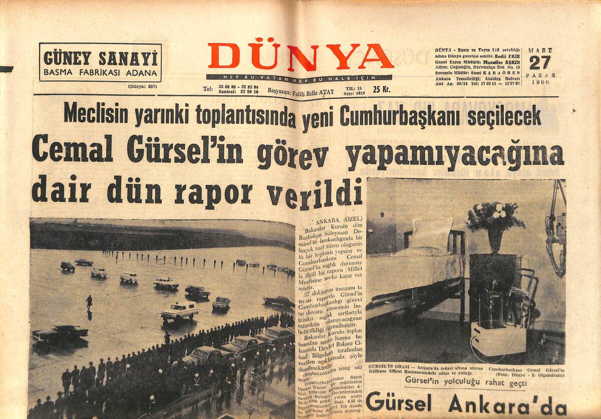 Dünya Gazetesi 27 Mart 1966 - Cemal Gürsel'in Görev Yapamayacağına Dair Rapor Verildi - Beşiktaş-Galatasaray GZ150911 - 1