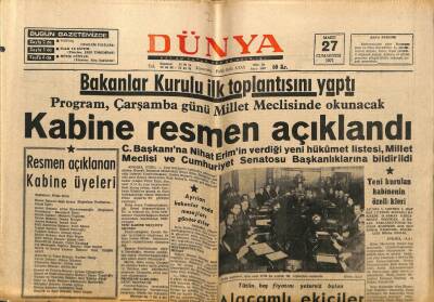 Dünya Gazetesi 27 Mart 1971 - Bakanlar Kurulu Toplandı.Kabine Resmen Açıklandı GZ59949 - 1