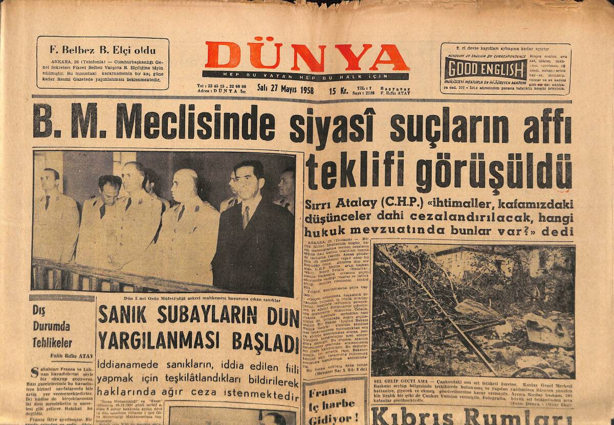 Dünya Gazetesi 27 Mayıs 1958 - B.M. Meclisinde Siyasi Suçların Affı Teklifi Görüşüldü GZ149454 - 1