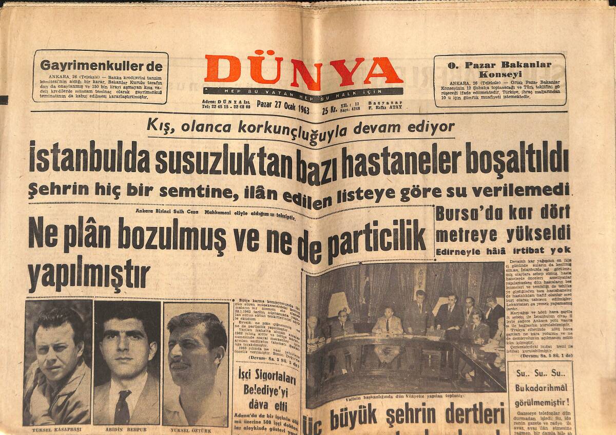 Dünya Gazetesi 27 Ocak 1963 - İstanbul'da Susuzluktan Bazı Hastaneler Boşaltıldı - Bornova Akşam Kız Sanat Okulu Tamamen Yandı GZ152531 - 1