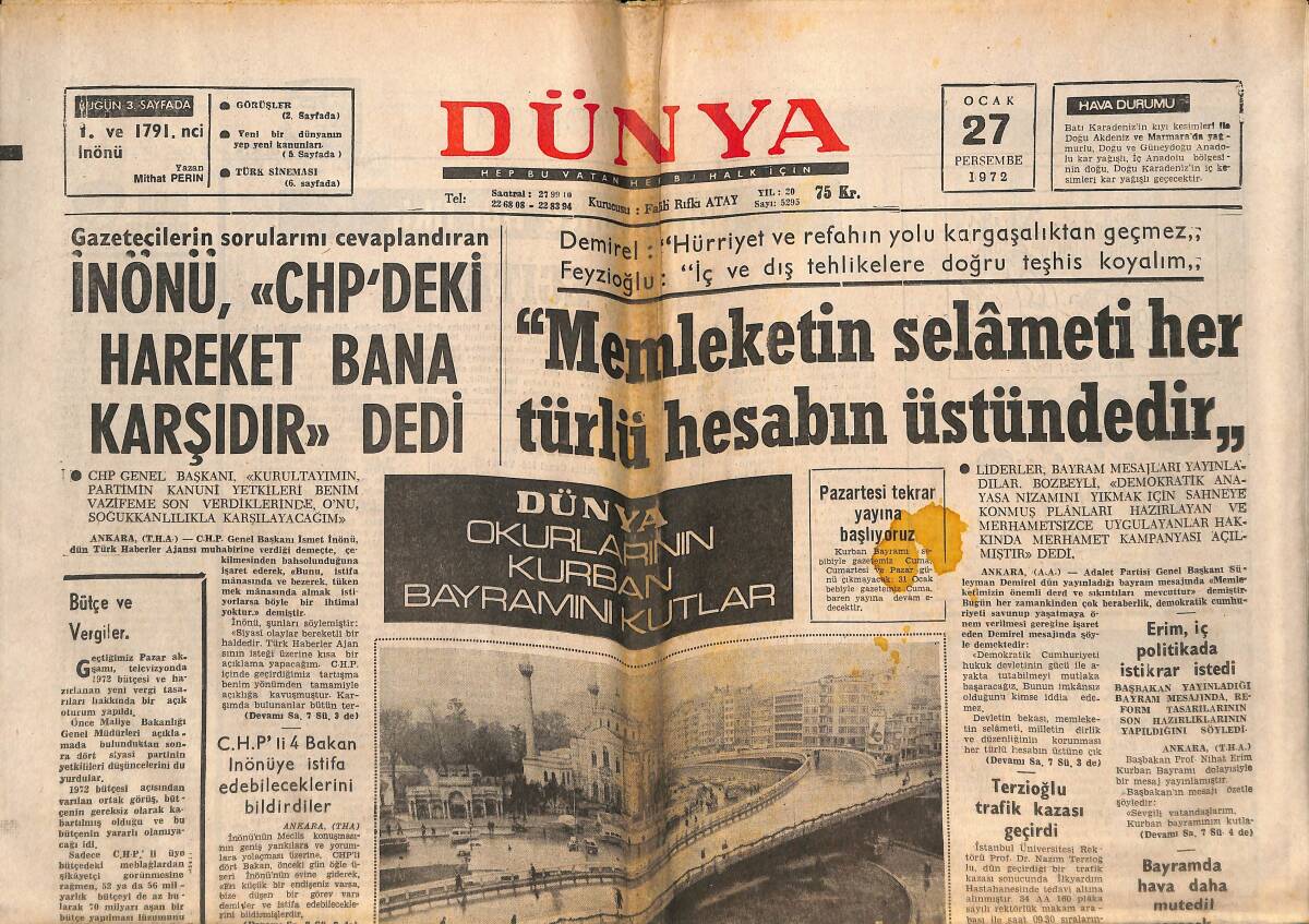 Dünya Gazetesi 27 Ocak 1972 - İnönü CHP'deki Hareket Bana Karşıdır Dedi, Marilyn Cole, Françoise Macchi GZ148172 - 1