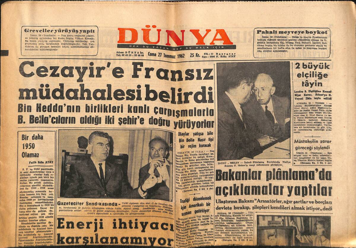 Dünya Gazetesi 27 Temmuz 1962 - Cezayir'e Fransız Müdahalesi Belirdi - J. Mansfield Bir Kadından Dayak Yedi GZ151252 - 1