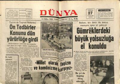 Dünya Gazetesi 27 Temmuz 1972 - Gümrüklerdeki Büyük Yolsuzluğa El Konuldu GZ59932 - 1