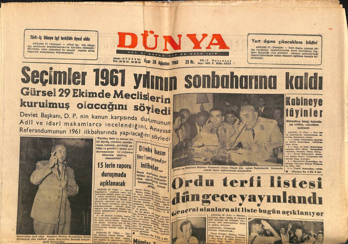 Dünya Gazetesi 28 Ağustos 1960 - Seçimler 1961 Yılının Sonbaharına Kaldı - Din Şurası Toplanıyor GZ150889 - 1