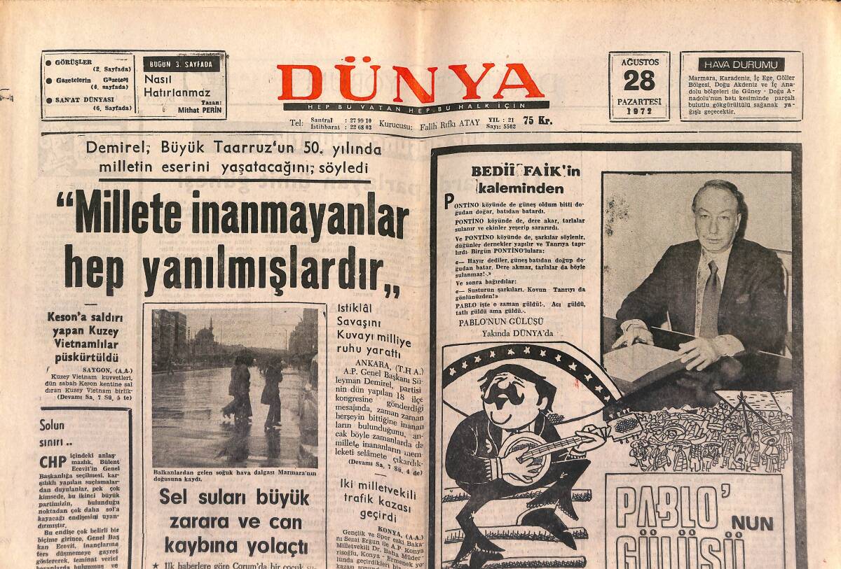 Dünya Gazetesi 28 Ağustos 1972 - Demirel Büyük Taarruz'un 50. Yılında Milletin Eserini Yaşatacağını Söyledi GZ149603 - 1