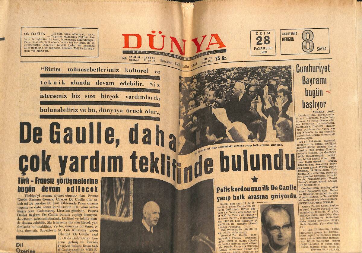Dünya Gazetesi 28 Ekim 1968 - De Gaulle, Daha Çok Yardım Teklifinde Bulundu - TİP İçinde Kaynaşma GZ143421 - 1