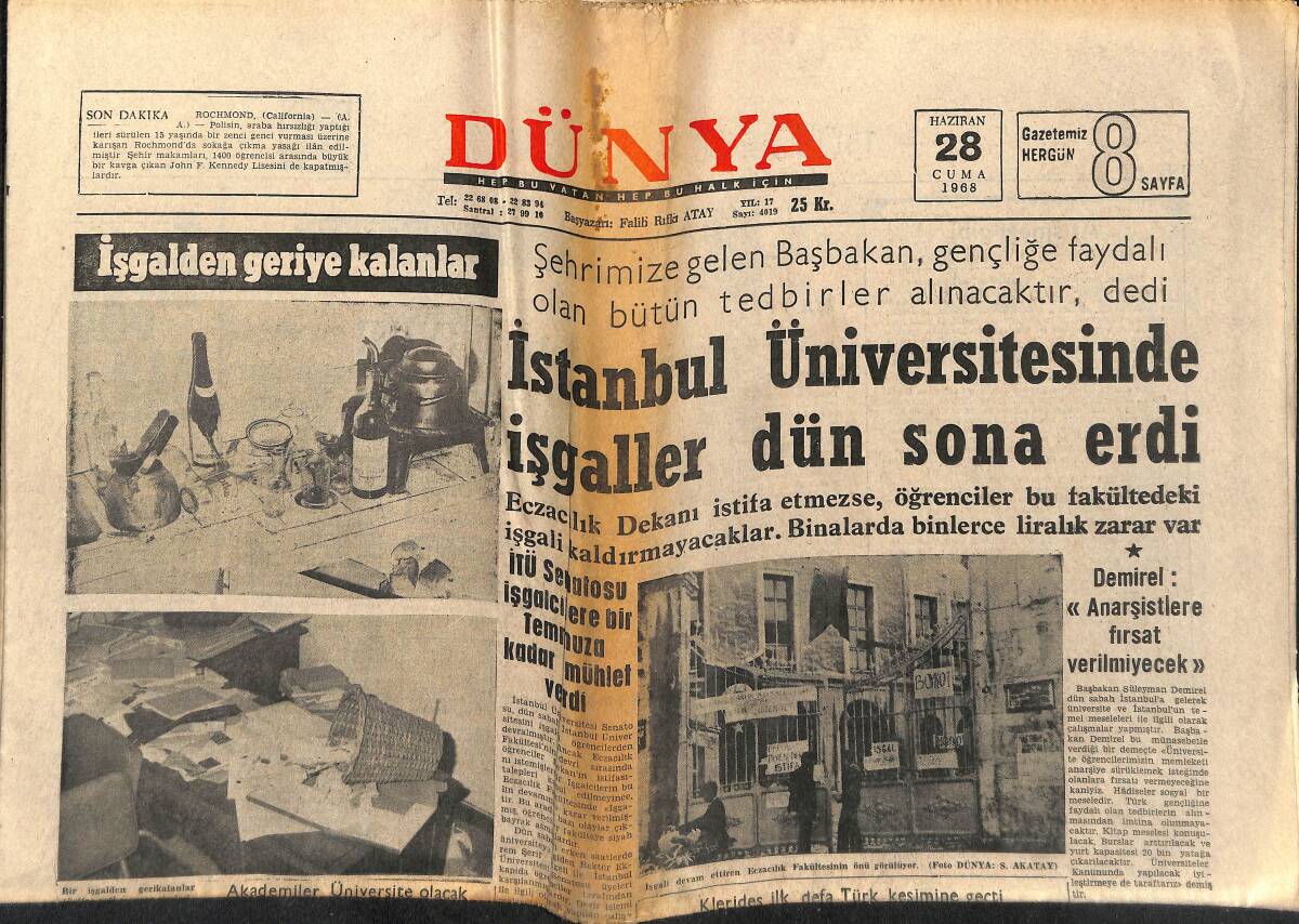 Dünya Gazetesi 28 Haziran 1968 - İstanbul Üniversitesinde İşgaller Sona Erdi - Fenerbahçeli Can Bartu Futbolu Bırakacak GZ151012 - 1