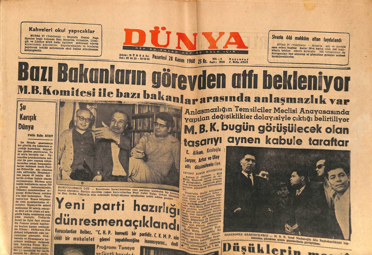 Dünya Gazetesi 28 Kasım 1960 - Edirne'de Üniversite Hazırlığı - Mesken Araştırma Merkezi Kuruluyor GZ150899 - 1