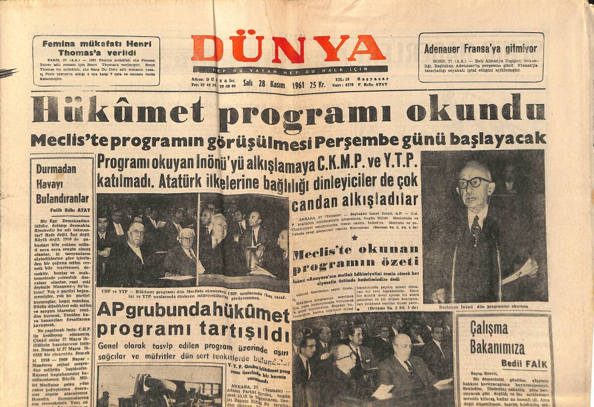 Dünya Gazetesi 28 Kasım 1961 - Bodrum'da İlmi Çalışma - Hükümet Programı Okundu GZ148097 - 1