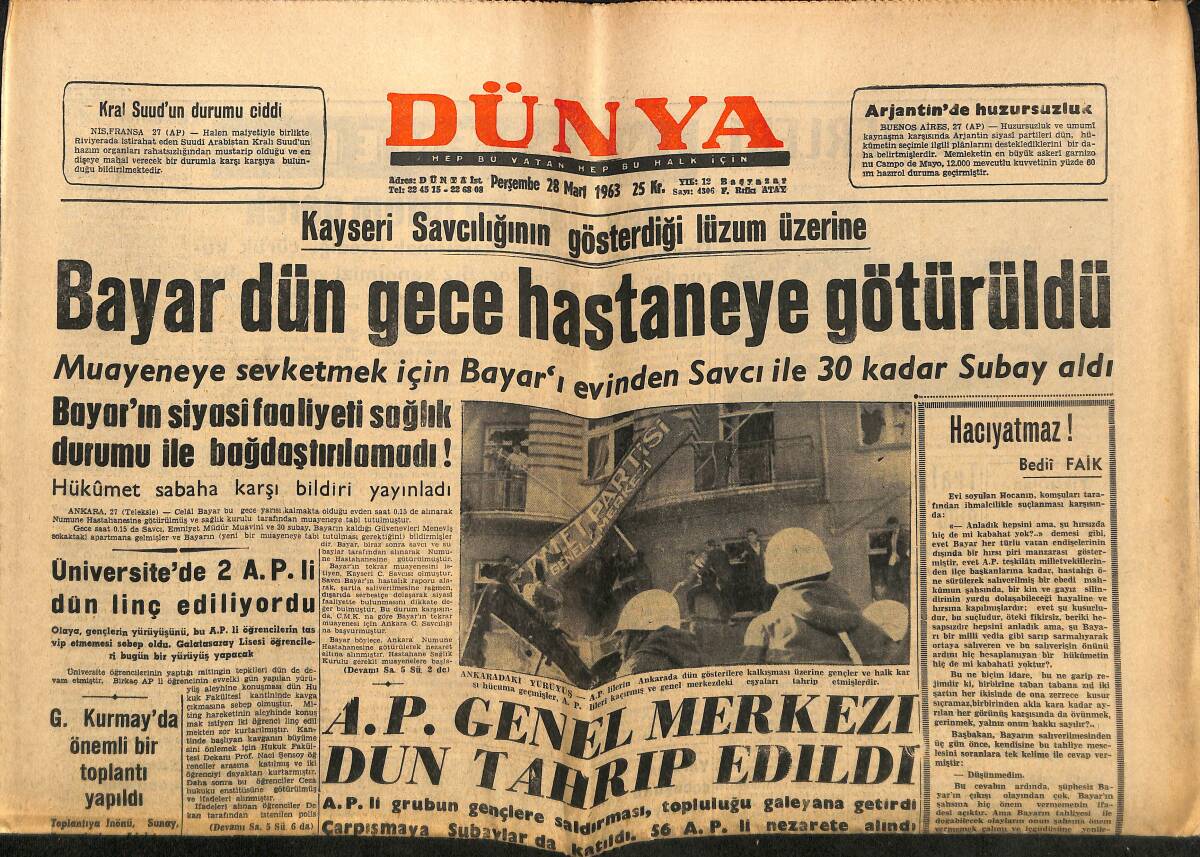 Dünya Gazetesi 28 Mart 1963 - Bayar Dün Gece Hastaneye Kaldırıldı, Shirley Temple Bugün Nerede, İki İzci Çizgi Roman GZ148151 - 1