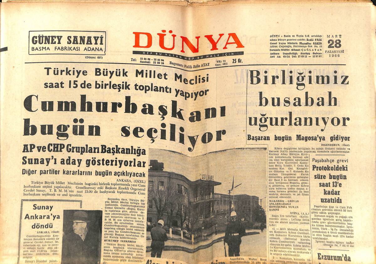 Dünya Gazetesi 28 Mart 1966 - Cumhurbaşkanı Bugün Seçiliyor - Beşiktaş Şampiyonluğa İyice Yaklaştı GZ150912 - 1
