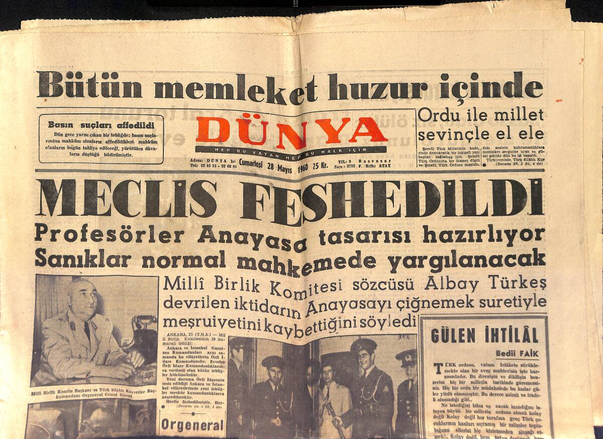 Dünya Gazetesi 28 Mayıs 1960 - Meclis Feshedildi - İnönü Sağ Ve Sıhhattedir GZ154000 - 1