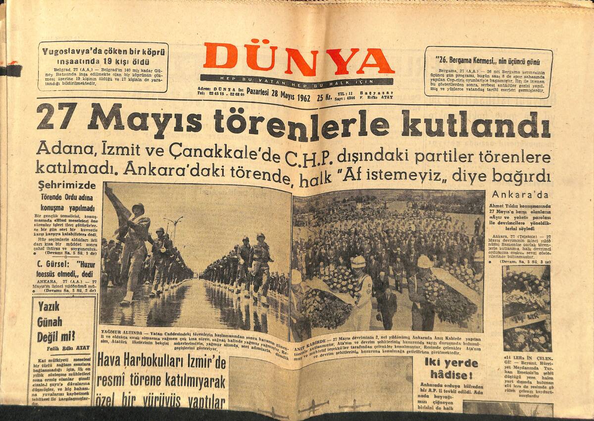 Dünya Gazetesi 28 Mayıs 1962 - 27 Mayıs Töreninden Resimler - Marilyn Anne Olma Hasretinde İmiş GZ147903 - 1