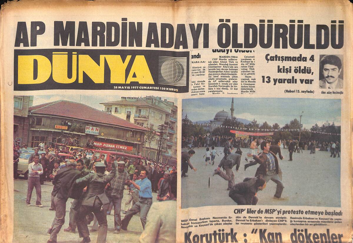 Dünya Gazetesi 28 Mayıs 1977 - Neşe Karaböcek, Ajda Pekkan, Fatma Girik Gazino Afişi - Türkeş Gaziantep'te 