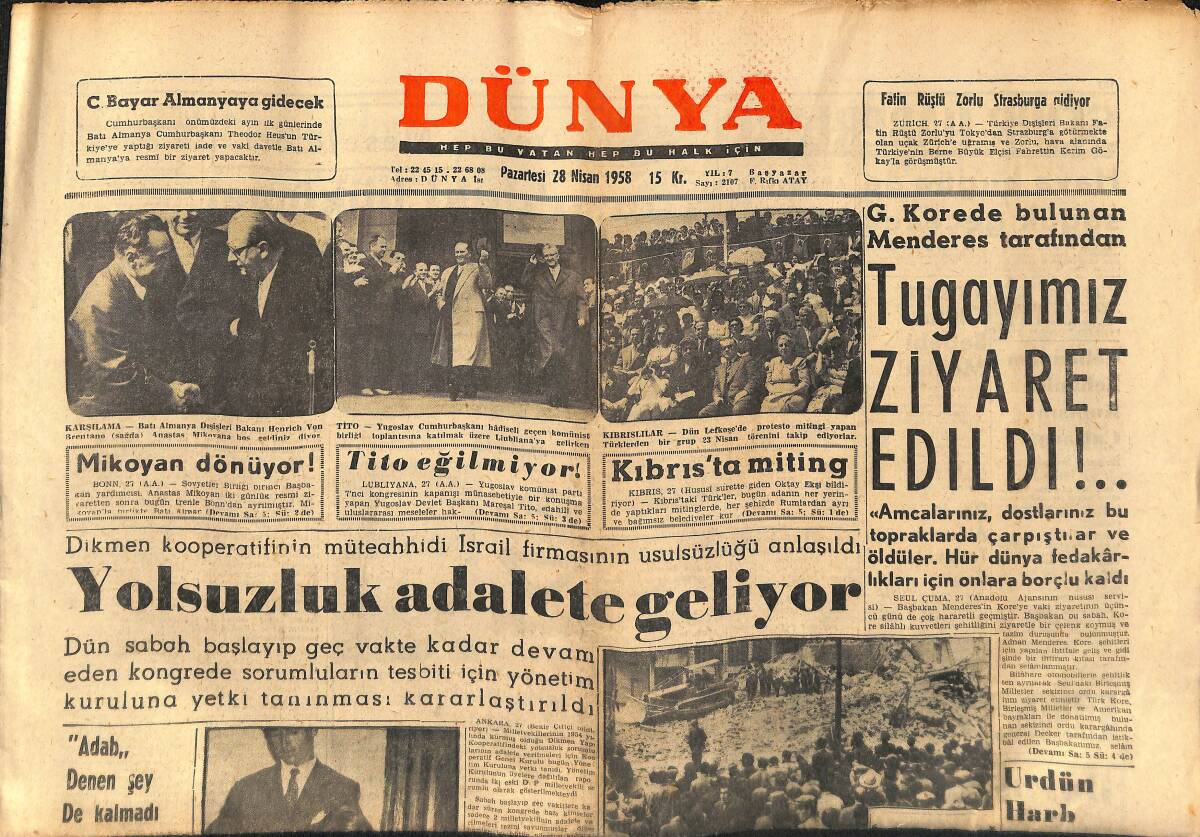 Dünya Gazetesi 28 Nisan 1958 - Tugayımız Ziyaret Edildi - B.Çekmecede DP Seçimi Kazandı GZ149534 - 1