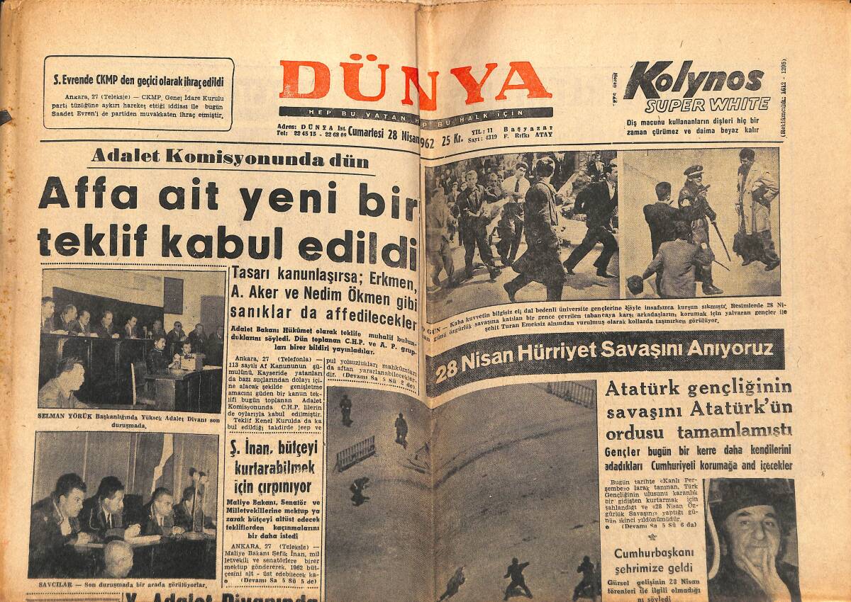 Dünya Gazetesi 28 Nisan 1962 - Atatürk Gençliğinin Savaşını Atatürk'ün Ordusu Tamamlamıştı - Koçero Yakalandı GZ151049 - 1