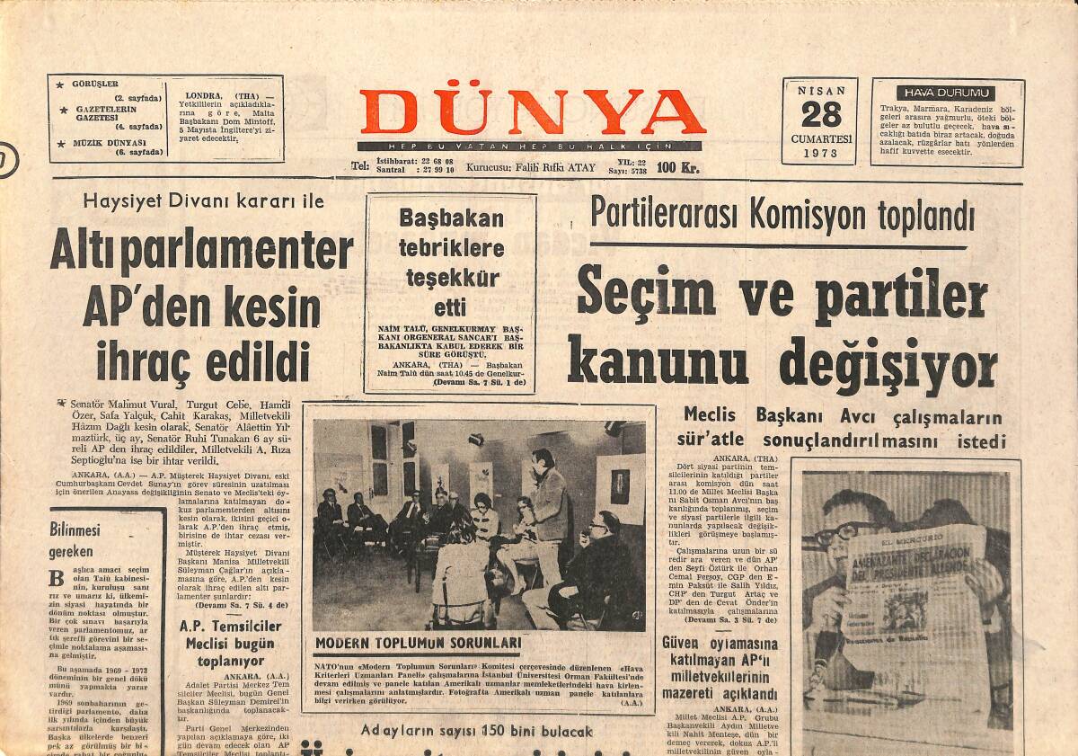 Dünya Gazetesi 28 Nisan 1973 - Seçim Partiler Kanunu Değişiyor! - Şampiyonluk Düğümü Yarın Çözülüyor! GZ143223 - 1
