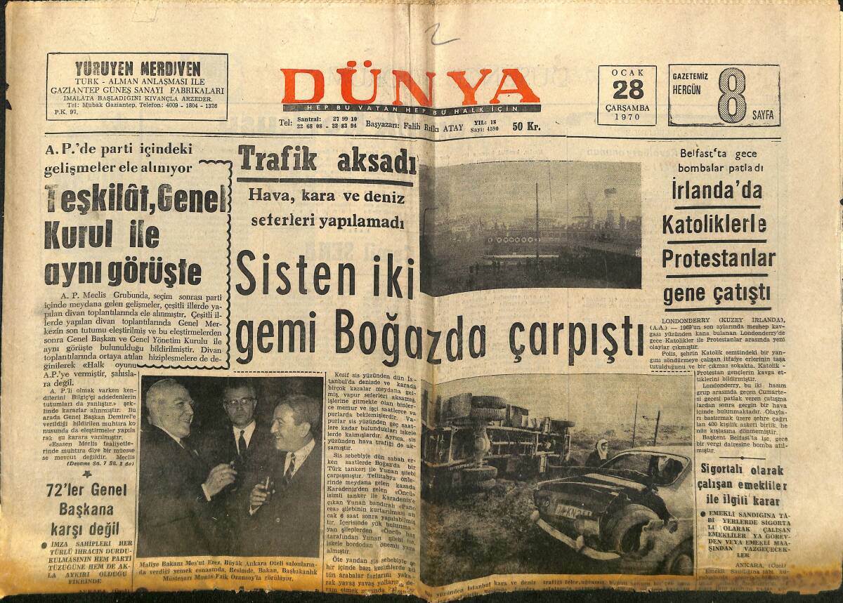 Dünya Gazetesi 28 Ocak 1970 - ODTÜ Öğrencileri Dekan Odasını Tahrip Etti - MNP'de Erbakan Başkan Oldu GZ148086 - 1