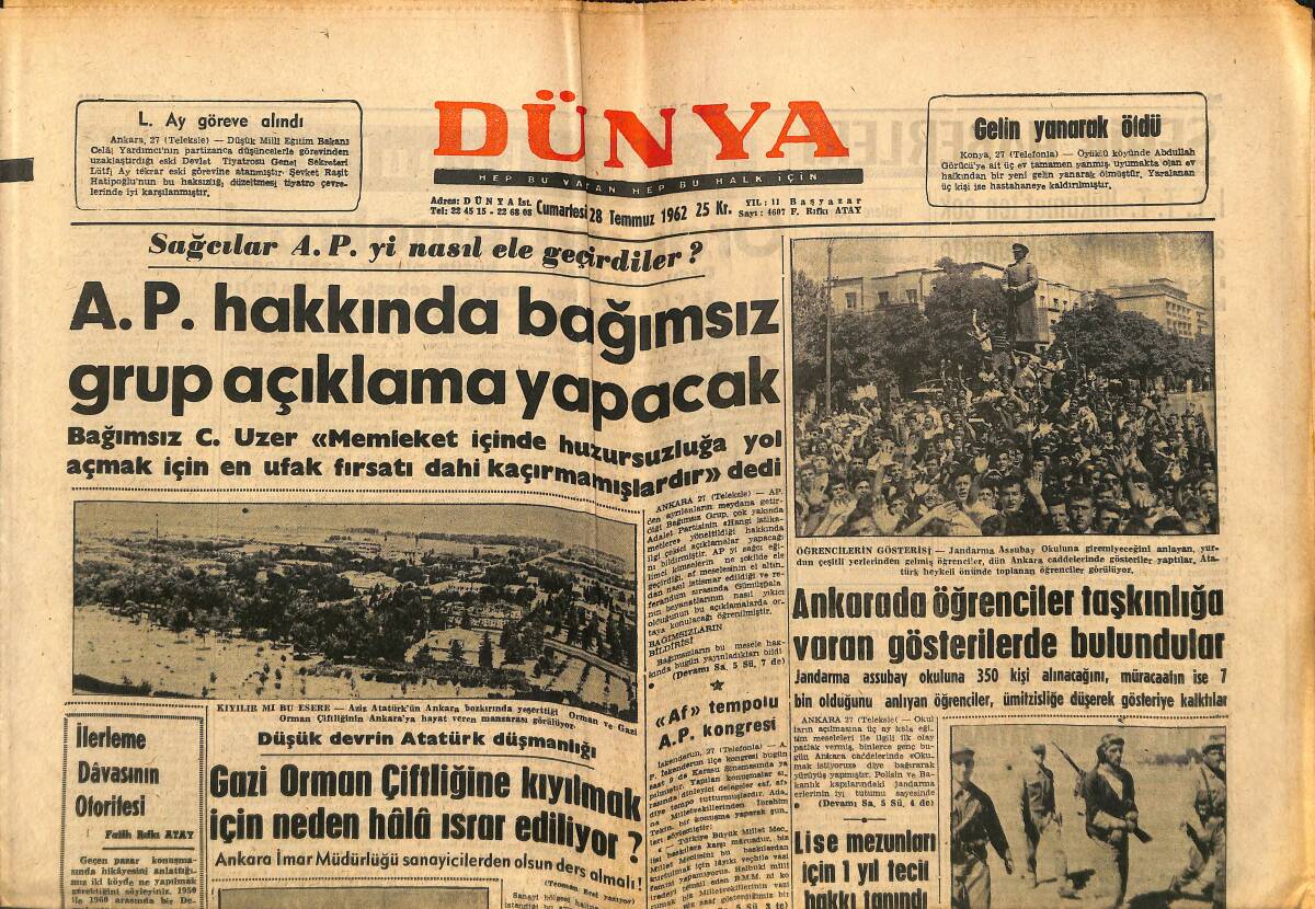 Dünya Gazetesi 28 Temmuz 1962 - Verem , Artış Gösteriyor - Aydemir Ankara'ya Gidiyor GZ148047 - 1