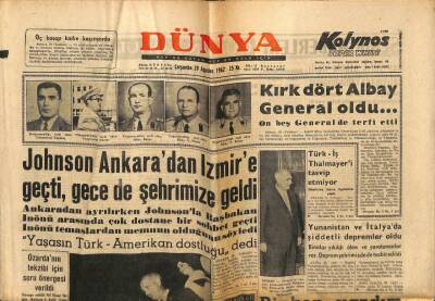 Dünya Gazetesi 29 Ağustos 1962 - ABD Başkan Yardımcısı Johnson İzmirde Halkla Konuştu GZ59875 - 1