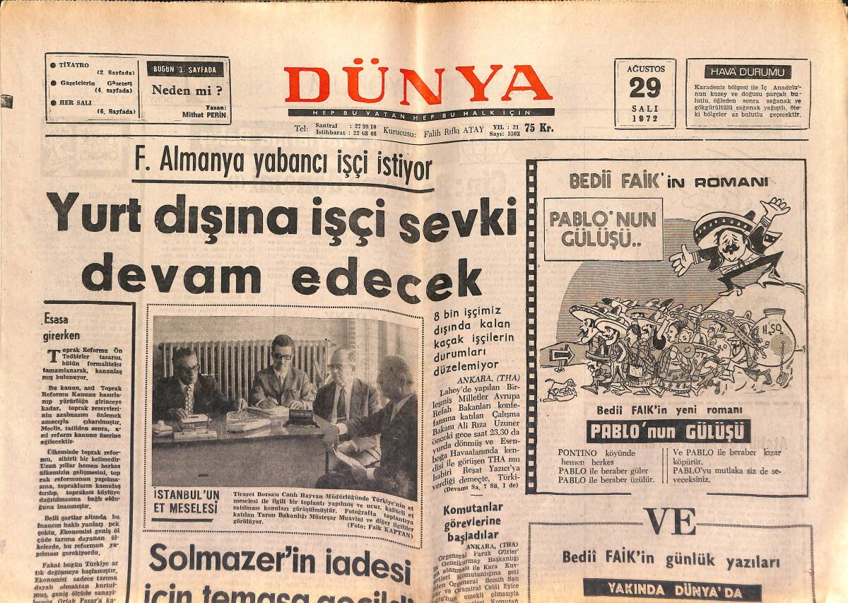 Dünya Gazetesi 29 Ağustos 1972 - Solmazer'in İadesi İçin Temasa Geçildi - F.Almanya Yabancı İşçi İstiyor GZ149604 - 1