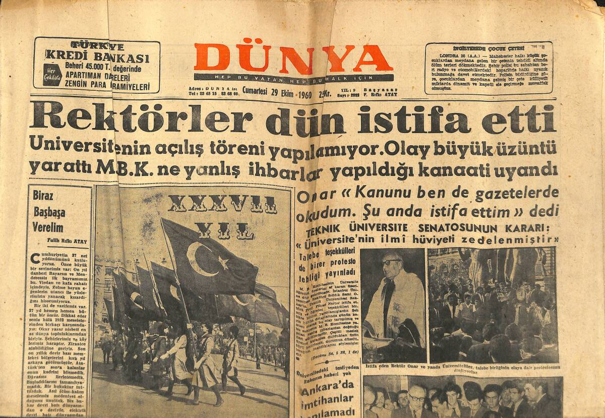 Dünya Gazetesi 29 Ekim 1960 - Rektörler Dün İstifa Etti - Cumhuriyetimizin 37. Yılını Kutluyoruz GZ148079 - 1
